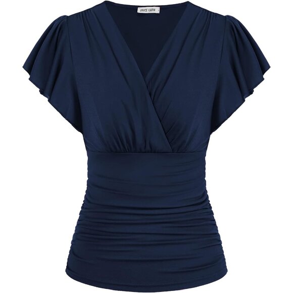 Women's Tops Summer Elegant Wrap Blouse V Neck Long Sleeve Casual Ruched Top